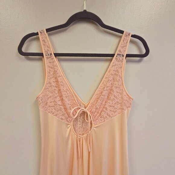 Vintage S Peach Lace-Trimmed Full-Length Nightgown Tie-Back Glam Sexy Romantic - Picture 4 of 14